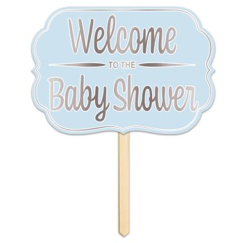 A pastel blue baby shower welcome sign on a stick.