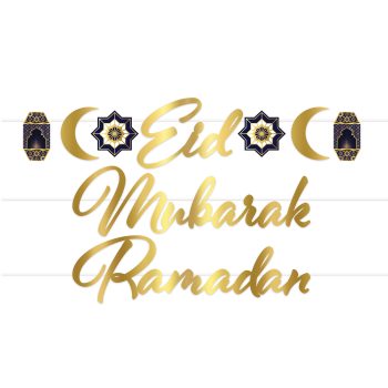 Elegant gold Eid Mubarak Ramadan greeting with decorative crescent moons and stars.