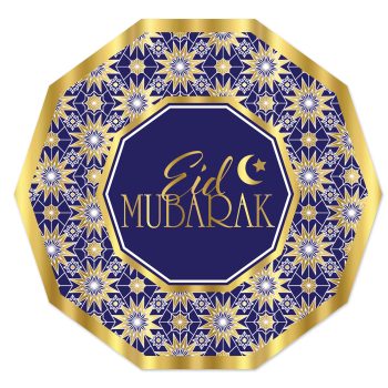 Elegant Eid Mubarak card with blue and gold design.