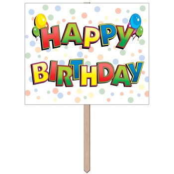 Colorful Happy Birthday sign with balloons on a stick.