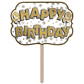 Gold and white Happy Birthday cake topper with polka dots.