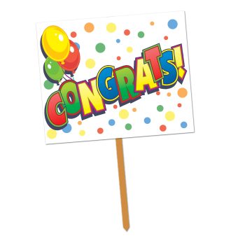 A colorful 'Congrats!' sign with balloons and confetti.