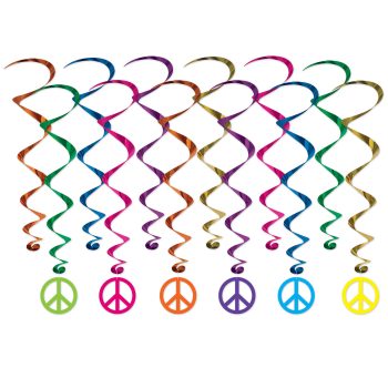 Colorful peace sign spiral decorations in various colors.