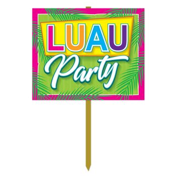 Colorful Luau Party sign with tropical design and palm leaves.