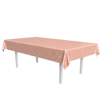 Rectangular table with a pink patterned tablecloth on white legs.