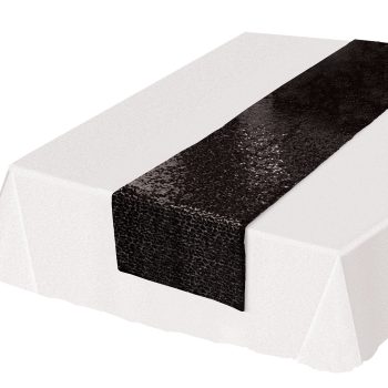 White tablecloth with a black textured runner.