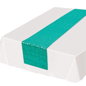 White tablecloth with a teal decorative runner down the center.