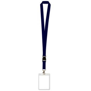 Navy blue lanyard with clear ID badge holder attached.
