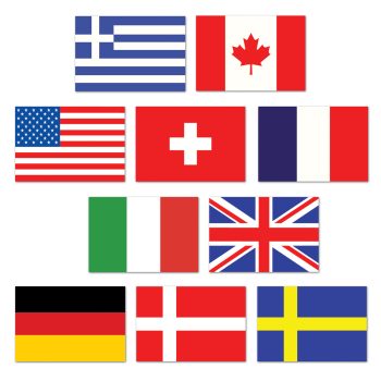 Flags of 11 different countries arranged in a grid.