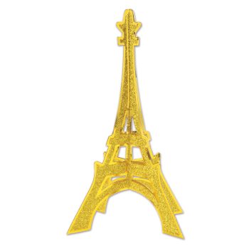 Golden miniature Eiffel Tower model with intricate design.