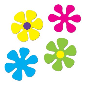 Four colorful, stylized flowers with unique petal shapes and bright colors.