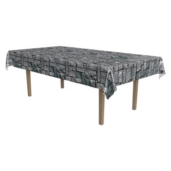 Rectangular table with a patterned black and white tablecloth.