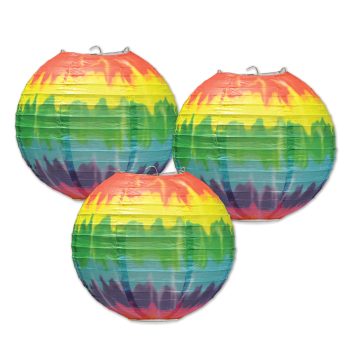 Three colorful rainbow paper lanterns with a dripping paint design.