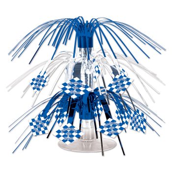 Blue and white tiered party centerpiece with cascading streamers.