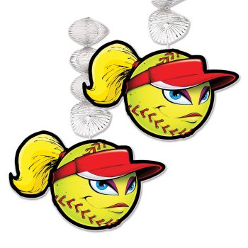 Two baseballs with angry faces wearing red caps and ponytails.