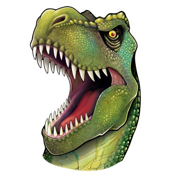 Illustration of a roaring Tyrannosaurus rex head with sharp teeth.