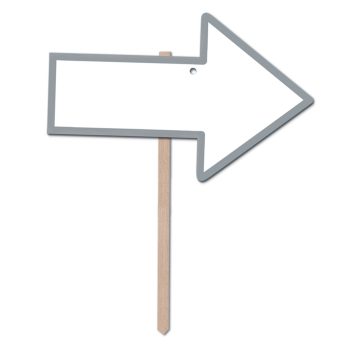 A blank arrow-shaped sign on a wooden stick pointing right.