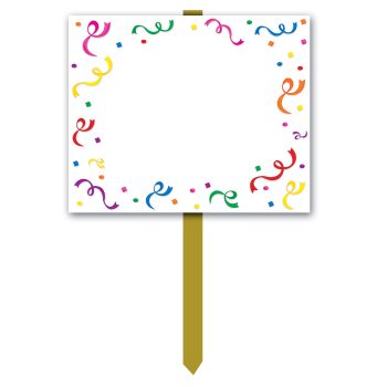Decorative sign with colorful question marks on a wooden stake.