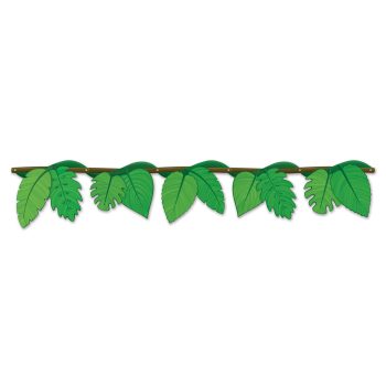 A decorative garland of green leaves and small brown pinecones.