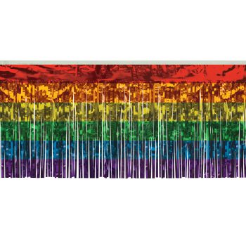 Rainbow-colored metallic fringe curtain with red, orange, yellow, green, blue, and purple stripes.