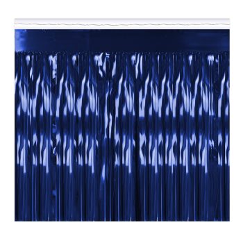 Blue metallic fringe curtain for party decoration.