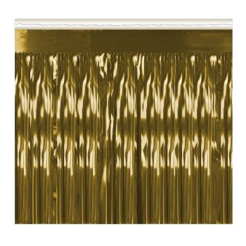 Shiny gold foil fringe curtain with a reflective surface.