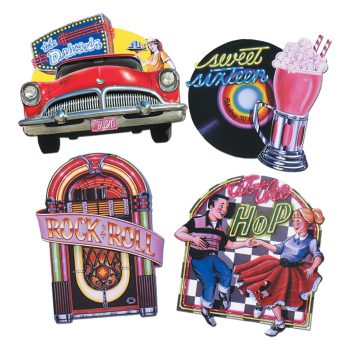 Retro 1950s diner and jukebox themed illustrations with classic car and milkshake.