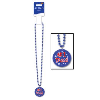 Blue bead necklace with a "1st Dad" pendant.