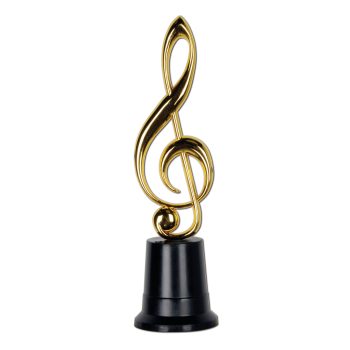 A golden treble clef trophy on a black base.