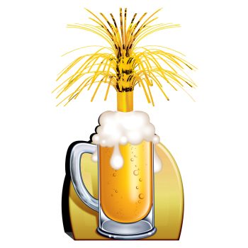 A frothy beer mug with a wheat stalk behind it.