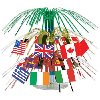 Decorative centerpiece with international flags and colorful ribbons.