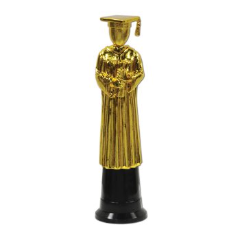Golden statuette with intricate design on a black base.