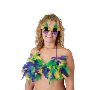 Woman wearing colorful Mardi Gras-themed accessories and sunglasses.