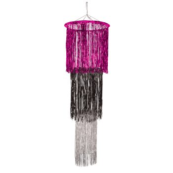 Three-tiered hanging decoration with purple, black, and silver fringes.