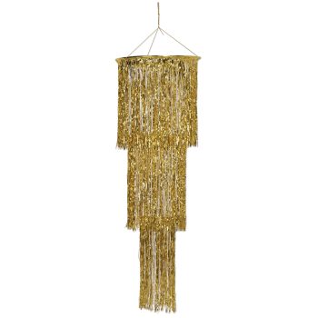 Elegant gold-tiered fringe chandelier pendant light fixture.