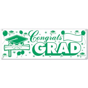 A green and white 'Congrats Grad' banner with graduation cap and diploma symbols.