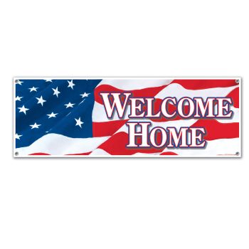 Banner with American flag and text 'Welcome Home'.