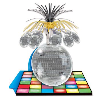 A disco ball with speakers and colorful lights on a checkered floor.