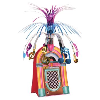 Colorful vintage jukebox with vibrant feather decoration on top.