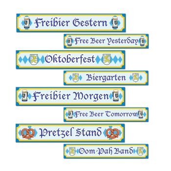 Signboards for various German beer-related events and locations with decorative blue and white designs.