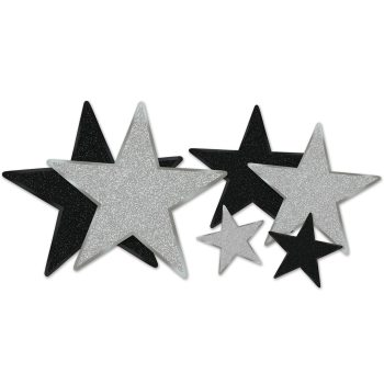 A collection of black and silver star-shaped decorations.