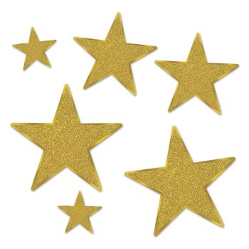 A cluster of seven golden stars of varying sizes on a white background.