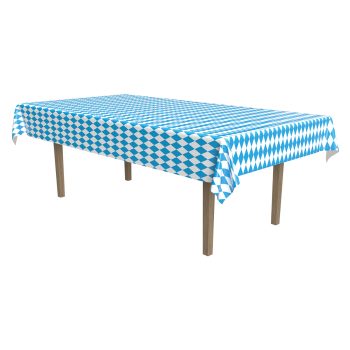 Rectangular table covered with a blue and white checkered tablecloth.