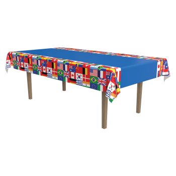 A pool table covered with a colorful, international flags-themed cover.