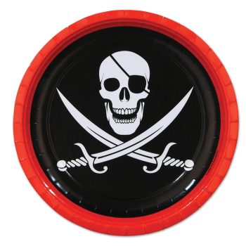 A pirate-themed round plate with a skull and crossed swords design.
