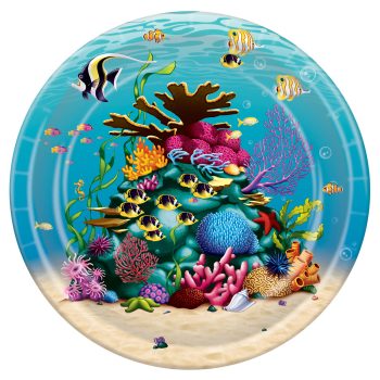 Colorful underwater scene within a circular frame featuring diverse marine life.