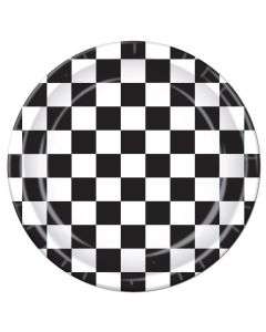 A round plate with a black and white checkerboard pattern.