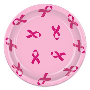 Pink plate decorated with multiple breast cancer awareness ribbons.