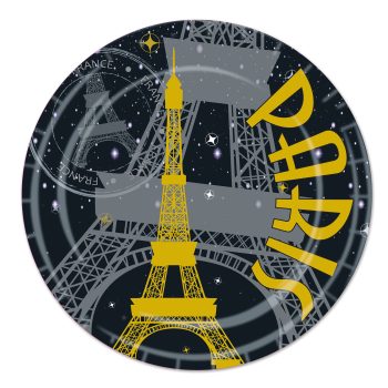Artistic Paris emblem featuring the Eiffel Tower and a ballerina.