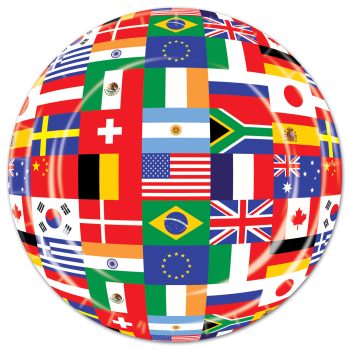 A globe featuring various national flags from around the world.